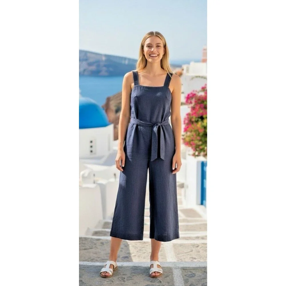 Quince NWT womens navy Euro 100% linen wide leg jumpsuit XL summer vacation